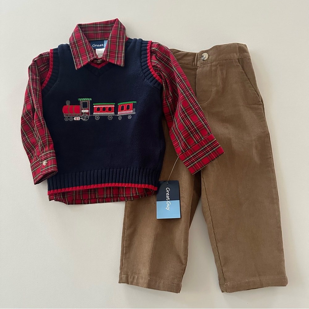 Christmas Holiday 2T Toddler Boy Train Vest Plaid Red Shirt Pants Set Outfit NWT
